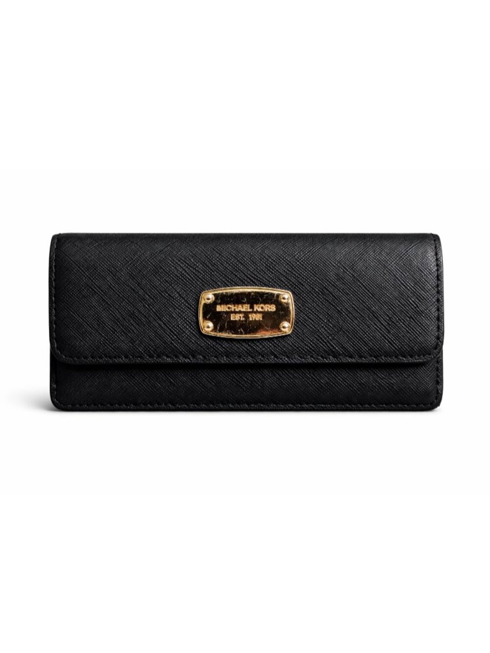 $198 MICHAEL KORS Black Pebbled Leather Gold Logo Large Wallet